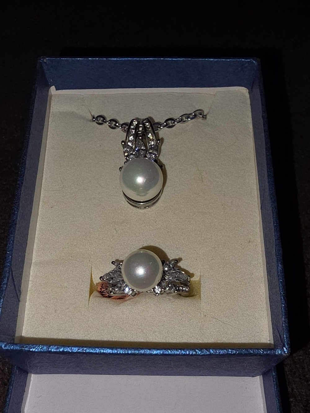 Elegant Faux Pearl Pendant and Ring Set - White Pearl In Stainless Steel
